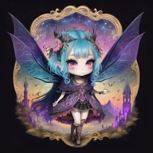 Prompt: mean and evil Fantasy creature,  bohemian with mystical eerie landscape, flying magic insects, kawaii chibi, detailed eyes, vibrant colors, intricate patterns, highres, mystical, whimsical, bohemian, vibrant colors, retro, chibi, celestial, intricate patterns, magic