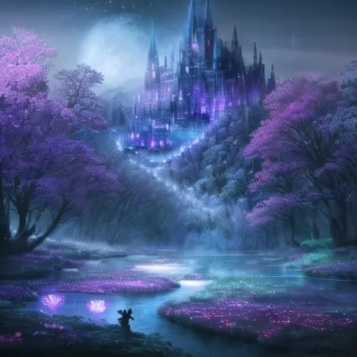 Prompt: Hill with glowing river, magical creatures, moonlit flowers, highres, fantasy, ethereal lighting, detailed nature, mystical, moonlit river, enchanting atmosphere, glowing flora, serene, dreamlike, fantasy creatures, moonlit scene, magical beings, surreal, whimsical, illuminated hill, mystical setting, moonlit landscape, fairytale, vibrant colors, soft moonlight