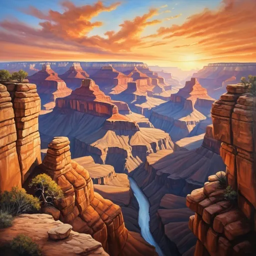 Prompt: Grand Canyon viewed from the very bottom, oil painting, exquisite rock formations, high quality, realistic, majestic sunset, warm and vibrant tones, soft shadows, ultra-detailed, expansive landscape, natural wonder, immense scale, breathtaking scenery