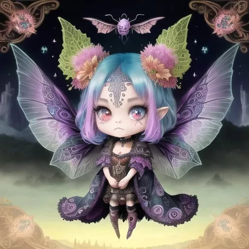 Prompt: mean and evil Fantasy creature,  bohemian with mystical eerie landscape, flying magic insects, kawaii chibi, detailed eyes, vibrant colors, intricate patterns, highres, mystical, whimsical, bohemian, vibrant colors, retro, chibi, celestial, intricate patterns, magic