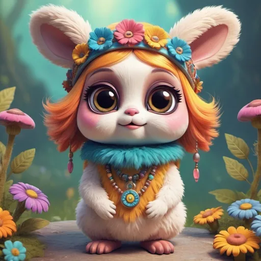 Prompt: High-quality digital illustration of a hippie style, ornate, wearing headband, cute and friendly Furbee character mascot, vibrant and playful color palette, soft and cuddly fur texture, adorable big eyes, endearing expression, whimsical fantasy setting, magical fairy-tale environment, dreamy and enchanting atmosphere, 3D rendering, vibrant colors, fantasy, cute mascot, soft fur texture, big eyes, dreamy setting, magical atmosphere, high quality, vibrant color palette for a Memecoin