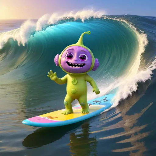 Prompt: Fantasy illustration of a hairy teletubbie-style multicolored alien creature riding a colorful surfboard on a large ocean wave in Malibu, hang ten, giving the hang ten sign, vibrant and colorful, high quality, fantasy, cute creature, surfboard, ocean wave, Malibu, vibrant colors, dynamic single foot pose, detailed illustration, fantasy style, cheerful atmosphere, sunny day, whimsical, magical lighting