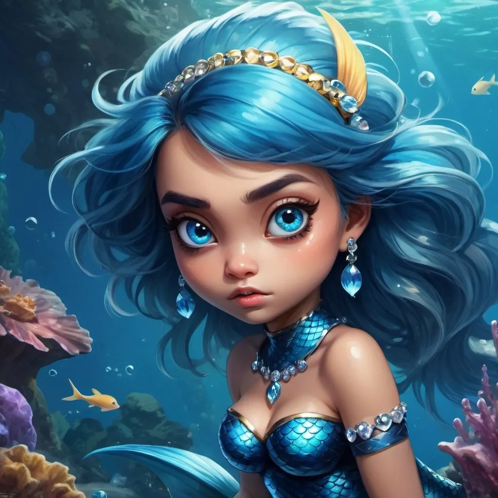 Prompt: Mermaid ninja with fluffy, blue-colored scales, fluffy tail, bling, big expressive eyes, whimsical underwater scene, digital painting, high quality, surrealism, dreamy lighting, multi primary colors, detailed eyes, fluffy texture, professional, dreamlike atmosphere, game-streetfighter style