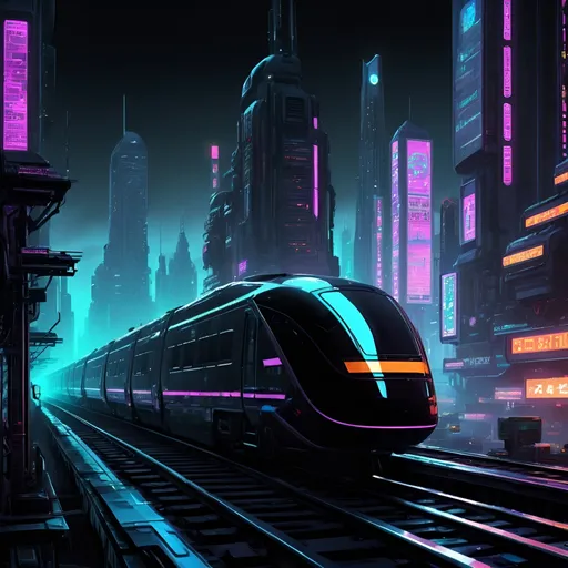 Prompt: 32-bit sprite cityscape, (futuristic dystopian cyberpunk city), night scene, (large black futuristic cyber train), train three times normal size, glowing neon lights, darkened skies, dense smog, towering skyscrapers, atmospheric depth, pixel art style, vibrant yet grim atmosphere, ultra-detailed, (highly stylized), immersive backdrop with flying vehicles and holographic advertisements.