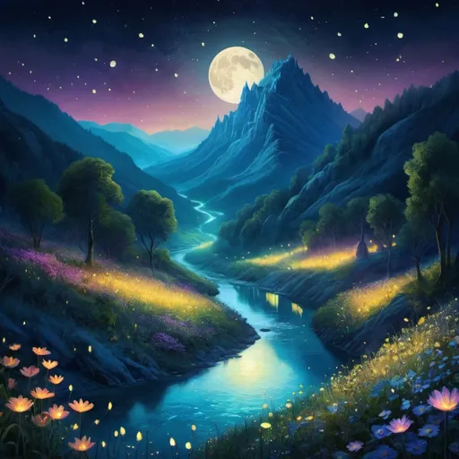 Prompt: Mountain with glowing river, in the style of Klimt, magical creatures, fireflies, moonlit flowers, highres, fantasy, ethereal lighting, detailed nature, mystical, moonlit river, enchanting atmosphere, glowing flora, serene, dreamlike, fantasy creatures, moonlit scene, magical beings, surreal, whimsical, illuminated hill, mystical setting, moonlit landscape, fairytale, vibrant colors, soft moonlight, illustration, photograph
