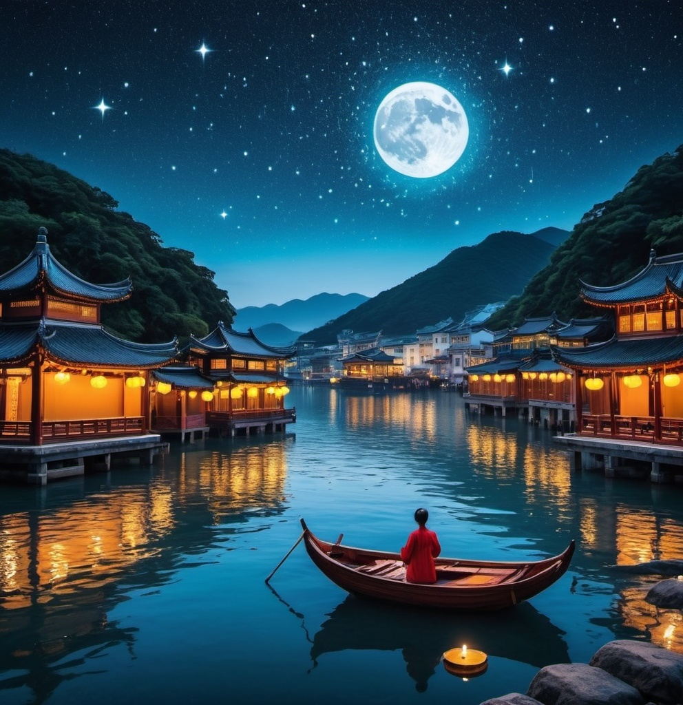 Prompt: The mid-autumn festival in Hongkong,in the lake ,starry sky,Van Goudh style,dreamy atomosphere