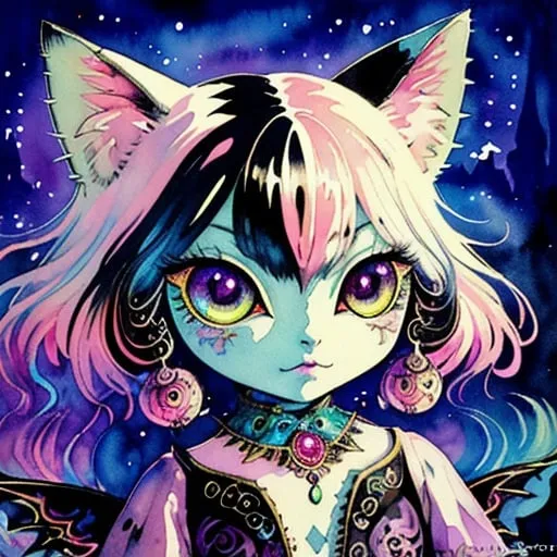 Prompt: mean and evil Fantasy cat, bohemian with mystical eerie landscape, flying magic insects, kawaii chibi, detailed eyes, vibrant colors, intricate patterns, highres, mystical, whimsical, bohemian, watercolor, detailed eyes, vibrant colors, retro, chibi, celestial, intricate patterns, magic