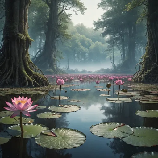 Prompt: vibrant colors, lotos flowers, mystic forest ,insanity scene from a movie , forest, dramatic shot angle,  atmospheric particles,
Real, raw cinematic photorealism, action portrait, 8k, detailed, centered, full frame
illustration of a lake, water lily, forest, fantasy art, intricate details, style Jean - Baptiste Monge, style Alan Lee, art by M A R I , ultra hd, realistic, vivid colors, highly detailed, UHD drawing, pen and ink, perfect composition, beautiful detailed intricate insanely detailed octane render trending on artstation, 8k artistic photography, photorealistic concept art, soft natural volumetric cinematic perfect light