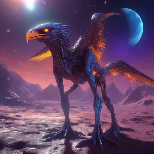 Prompt: Alien bird on the surface of the moon, unreal engine, highly detailed, best quality, highres, bright colors, glowing blue orange and purple, meteor shower in background, illustration, masterpiece, atmospheric lighting, surreal, futuristic, detailed wings, lunar surface, alien, vibrant tones, otherworldly, intense colors, vibrant atmosphere