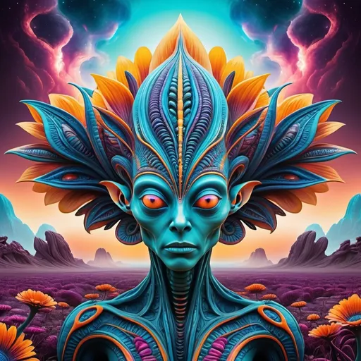 Prompt: Alien flower surrealism, (dystopian landscape), vibrant colors, (dreamlike atmosphere), whimsical and bizarre shapes, intricate textures, surreal lighting effects, high-contrast details, fantasy elements interwoven with a vibrant palette, otherworldly plant forms, captivating and mesmerizing composition, ultra-detailed, HD.