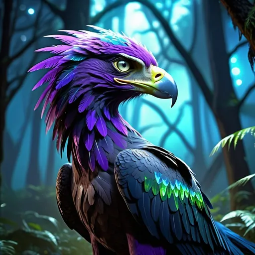 Prompt: Alien hawk in a deep forest, glowing in blue, green, and purple, star shower in the background, highly detailed, best quality, illustration, bright colors, unreal engine, highres, vivid feathers, luminous eyes, dense foliage, mystical atmosphere, ethereal glow, vibrant fantasy, detailed feathers, atmospheric lighting, majestic creature, otherworldly beauty