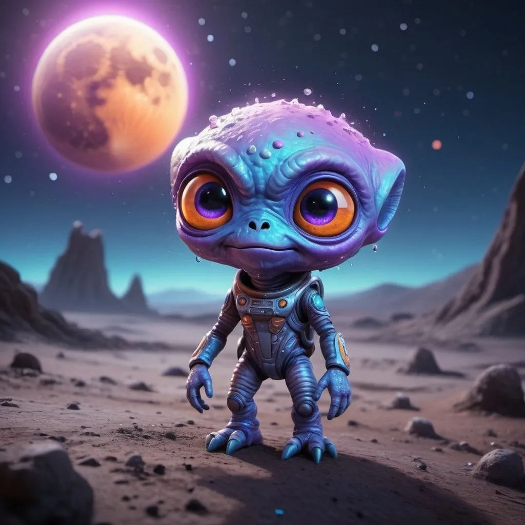 Prompt: ((best quality)), ((illustration)), ((masterpiece)), bright  colors, unreal engine, highres, cute alien creature on the surface of the moon, glowing blue orange and purple; with star shower in background, highly detailed