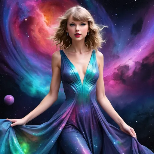 Prompt: Taylor Swift as an alien, surreal digital painting, vibrant colors, galaxy background, flowing iridescent gown, ethereal glow, otherworldly beauty, high quality, surrealism, vibrant colors, ethereal, alien, galaxy, flowing gown, surreal, digital painting, professional