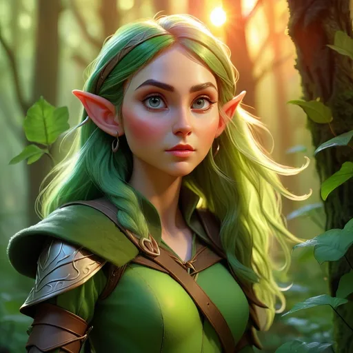 Prompt: Elf ranger in a mystical forest at sunrise, realistic digital painting, vibrant greenery, ethereal atmosphere, detailed elven features, dynamic lighting, high quality, fantasy, mystical, vibrant colors, sunrise lighting, realistic, detailed forest, mystical atmosphere