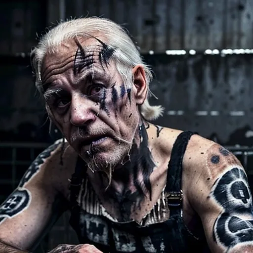 Prompt: rat faced Old Joe Biden, white hair, evil facial expression, grunge, wearing striped jail jumpsuit, drunk, lazy, sleazy, unkempt,gritty style, dark and intense, sinister expression, messy hair, disheveled clothing, detailed facial wrinkles, moody lighting, grungy, sinister, unkempt, detailed facial features, dark tones, gritty texture
