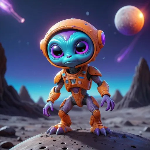 Prompt: ((best quality)), ((illustration)), ((masterpiece)), bright  colors, unreal engine, highres, cute alien creature on the surface of the moon, glowing blue orange and purple; meteor shower in background, highly detailed