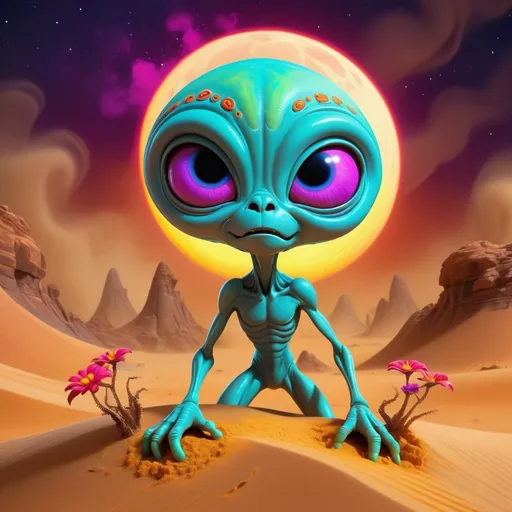 Prompt: violent bright Moon storm , happy alien cartoon style, sand storm action on the sand waves on Mars, vibrant colors, playful demeanor, alien flowered landscape, otherworldly plants, best quality, high resolution, vibrant, cartoon, cute, whimsical, otherworldly, playful, expressive eyes, alien landscape, vibrant colors, professional