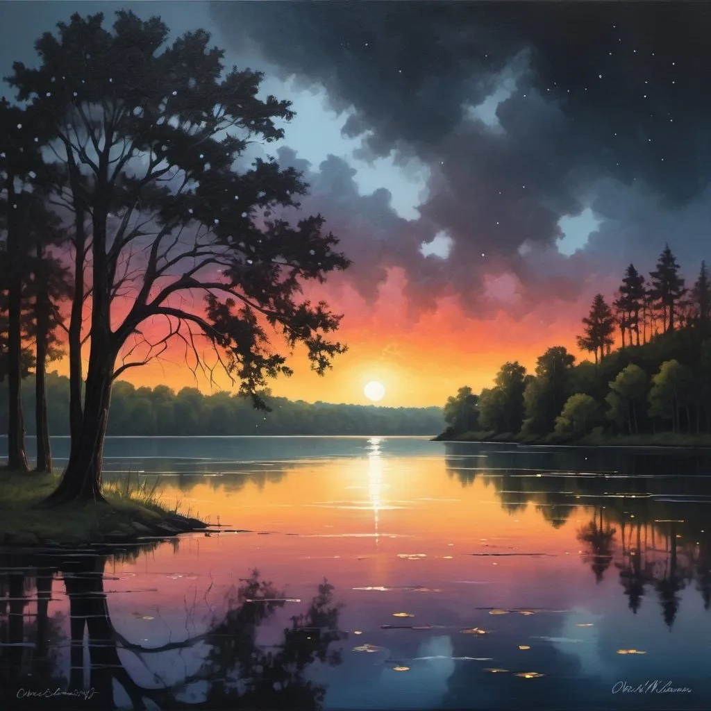 Prompt: Capture the breathtaking beauty of a dark sunset over a serene lake on a rainy day, scattered fireflies along the shore with muted hues painting the sky and reflecting off the calm waters. Silhouettes of trees add depth to the scene, evoking a sense of tranquility and wonder in the viewer's mind., Overdimensional, Rainbow,