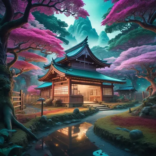 Prompt: Japanese farm, fantasy style, muted color scheme, vivid and saturated tones, magical and otherworldly atmosphere, surreal elements, mystical aura, detailed intricate patterns, lavish use of jewel tones, enchanted forest-like background, glowing highlights, ethereal lighting, high detail, 8K resolution, ultra-detailed