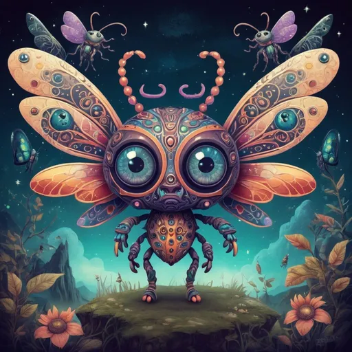 Prompt: Mean and evil fantasy creature in surrealism style, bohemian mystical eerie landscape, flying magic insects, kawaii chibi with detailed eyes, vibrant colors and intricate patterns, highres, mystical, whimsical, retro, celestial, surrealism, bohemian, chibi, detailed eyes, vibrant colors, intricate patterns, evil