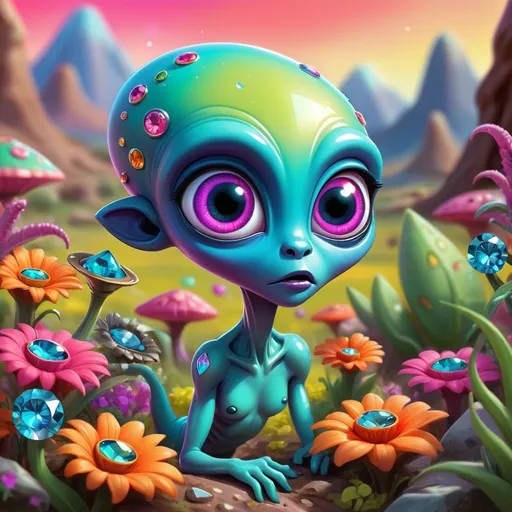 Prompt: Whimsical, cute alien, cartoon style, girlie ultra colorful diamond and gems bling, vibrant colors, large expressive eyes, playful demeanor, alien flowered landscape, otherworldly plants, best quality, high resolution, vibrant, cartoon, cute, whimsical, otherworldly, playful, expressive eyes, alien landscape, vibrant colors, professional