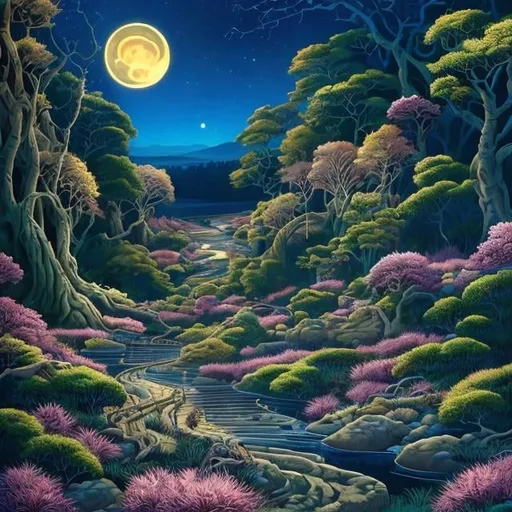 Prompt: Hill with glowing river, in the style of Kehinda Wiley ,creatures, moonlit flowers, highres, fantasy, ethereal lighting, detailed nature, mystical, moonlit river, enchanting atmosphere, glowing flora, serene, dreamlike, fantasy creatures, moonlit scene, magical beings, surreal, whimsical, illuminated hill, mystical setting, moonlit landscape, fairytale, vibrant colors, soft moonlight, i