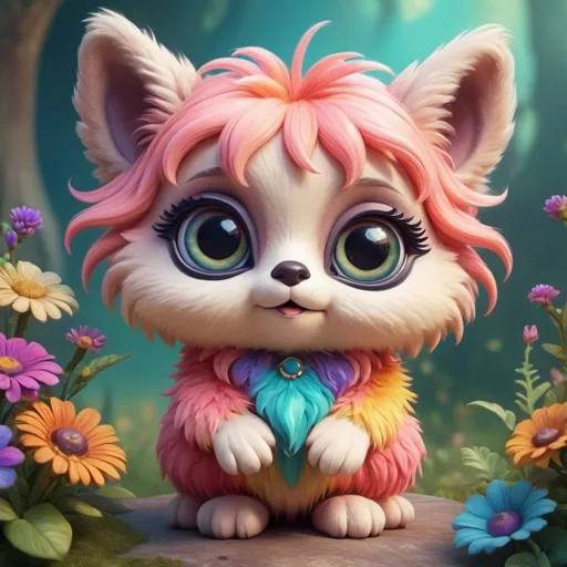 Prompt: High-quality digital illustration of a hippie style, ornate, cute and friendly animal mascot, vibrant and playful color palette, soft and cuddly fur texture, adorable big eyes, endearing expression, whimsical fantasy setting, magical fairy-tale environment, dreamy and enchanting atmosphere, 3D rendering, vibrant colors, fantasy, cute mascot, soft fur texture, big eyes, dreamy setting, magical atmosphere, high quality, vibrant color palette for a Memecoin