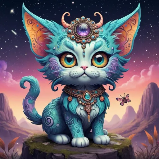 Prompt: mean and evil cat like Fantasy creature,  bohemian with mystical eerie landscape, flying magic insects, kawaii chibi, detailed eyes, vibrant colors, intricate patterns, highres, mystical, whimsical, bohemian, vibrant colors, retro, chibi, celestial, intricate patterns, magic