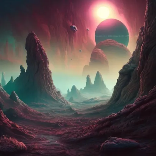 Prompt: Surreal alien landscape, digital art, muted colors, otherworldly terrain, high-res, ultra-detailed, futuristic, fantasy, alien flora and fauna, surreal planet, ethereal lighting, mesmerizing sky, alien ecosystem, vivid hues, surreal atmosphere