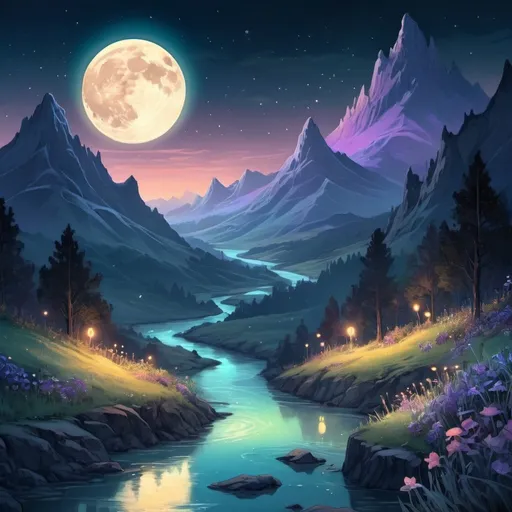 Prompt: Mountain with glowing river, in the style of Alfonse Mucha, magical creatures, fireflies, moonlit flowers, highres, fantasy, ethereal lighting, detailed nature, mystical, moonlit river, enchanting atmosphere, glowing flora, serene, dreamlike, fantasy creatures, moonlit scene, magical beings, surreal, whimsical, illuminated hill, mystical setting, moonlit landscape, fairytale, vibrant colors, soft moonlight, illustration, photograph