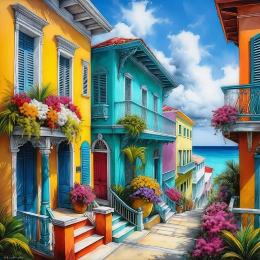 Prompt: (A fantastic portrait in colored ink of some steps in a Key West), (houses with balconies, with flowers, wooden balconies),
(((Hyper-realistic and hyper-detailed elements, impressionist masterpiece, color and ink splash techniques, vibrancy and texture,
very nice pencil drawing Pencil and ink Pen and ink wash Pencil and pastel sketch Water color ))),(((32K, 18K, digital graphics, HD, HDR, UHDR )))) style art by Jasmine Becket- Griffith Josephine Wall, Charlie