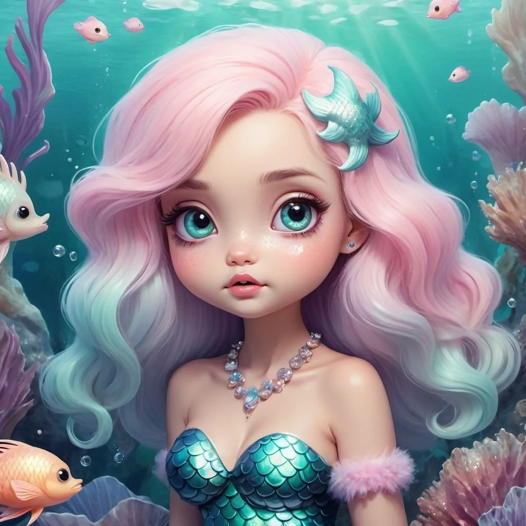 Prompt: Kawaii mermaid with fluffy, pastel-colored scales, fluffy tail, bling, big expressive eyes, whimsical underwater scene, digital painting, high quality, surrealism, cute, dreamy lighting, pastel colors, detailed eyes, whimsical, fluffy texture, professional, dreamlike atmosphere