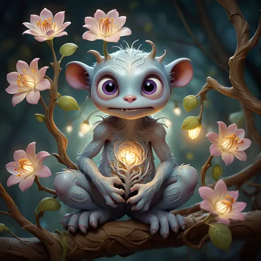 Prompt: art by  mandy disher,monstercreature 
luminism, , WLOP  greg rutkowski,  craola,  , romantic, mystical,  , cute, fantasy,    flowers, tree branches,  ,  complex background, dynamic lighting, lights, digital painting, intricate pose, highly detailed , cute, filigree, intricate, 