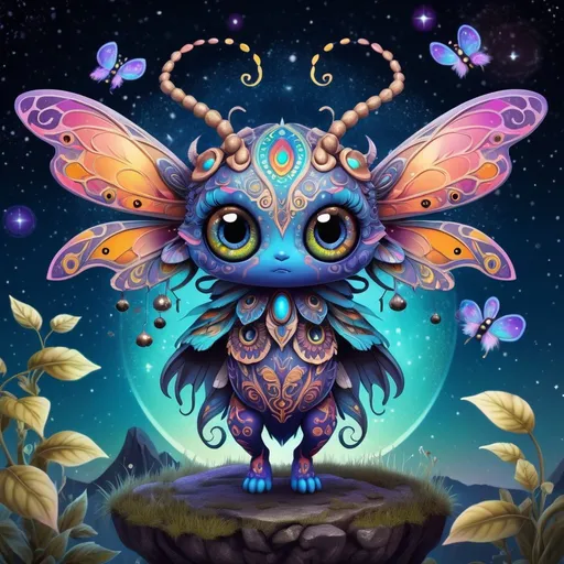 Prompt: mean and evil Fantasy creature,  bohemian with mystical eerie landscape, flying magic insects, kawaii chibi, detailed eyes, vibrant colors, intricate patterns, highres, mystical, whimsical, bohemian, vibrant colors, retro, chibi, celestial, intricate patterns, magic