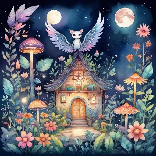 Prompt: Vibrant watercolor illustration of a mystical bohemian garden, moonlit atmosphere, diverse winged creatures, groovy patterns with colorful and diverse shapes, kawaii chibi style, detailed flora and fauna, highres, bohemian, moonlight, vibrant watercolor, diverse winged creatures, chibi, groovy patterns, colorful, mystical atmosphere, detailed illustration, 16:9 aspect ratio, atmospheric lighting