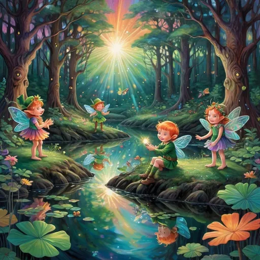 Prompt: cute leprechauns and fairies characters in deep dark multicolor forest, playing  along the waters of a serene pond shimmer with kaleidoscopic reflections of the changing sky above. Each ripple, a testament to the wind's whisper, reshapes the radiant colors, embodying the transient nature of introspection. 