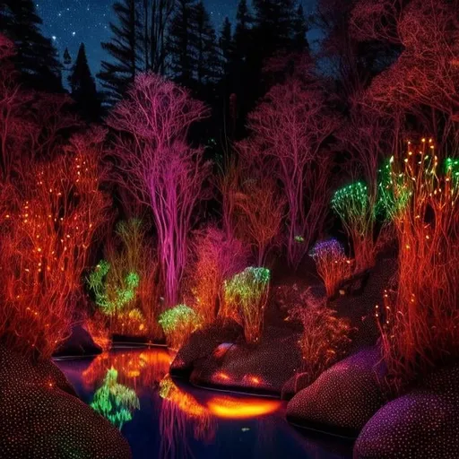 Prompt: Mountain with glowing river, in the style of Yayoi Kusama
, magical creatures, fireflies, moonlit flowers, highres, fantasy, ethereal lighting, detailed nature, mystical, moonlit river, enchanting atmosphere, glowing flora, serene, dreamlike, fantasy creatures, moonlit scene, magical beings, surreal, whimsical, illuminated hill, mystical setting, moonlit landscape, fairytale, vibrant colors, soft moonlight, illustration, photograph