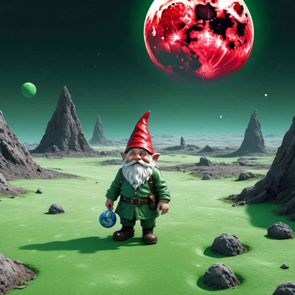 Prompt: Gnome walking on the green surface of the red moon, realistic digital art, lunar landscape with Earth in the sky, detailed lunar terrain, highres, realistic style, green moon surface, gnome character design, futuristic space setting, mysterious atmosphere, professional, realistic lighting, detailed moon rocks, surreal, high quality