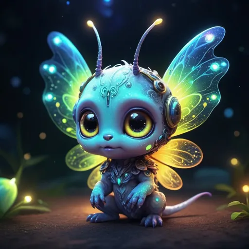 Prompt: Chibi colorful cute hybrid creature, half alien, half firefly, highly detailed, extremely detailed background, 4k, ultra-detailed, anime, fantasy, vibrant colors, glowing lights, detailed wings, cute, adorable, whimsical, magical, enchanting, colorful background, ethereal lighting