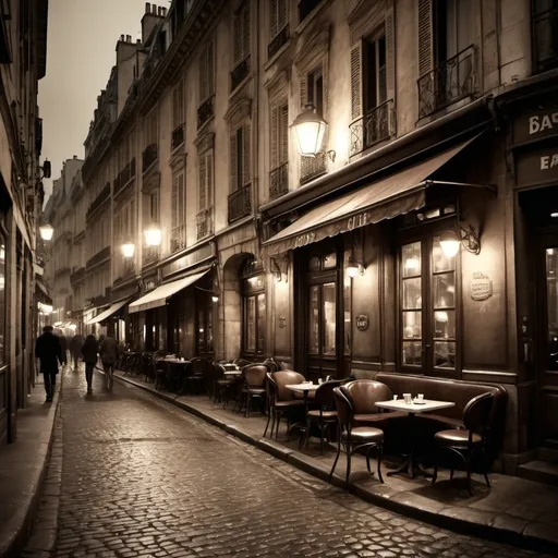 Prompt: Grungy Parisian cafe on a bustling street, dark and moody atmosphere, vintage sepia tones, steam rising from espresso cups, worn leather chairs, dimly lit, classic French architecture, cobblestone streets, high contrast, atmospheric lighting, old-world charm, gritty urban, street corner, vintage, sepia tones, moody atmosphere, espresso steam, worn leather, dimly lit, French architecture, cobblestone streets, high contrast