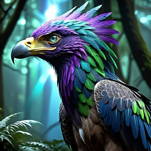 Prompt: Alien hawk in a deep forest, glowing in blue, green, and purple, star shower in the background, highly detailed, best quality, illustration, bright colors, unreal engine, highres, vivid feathers, luminous eyes, dense foliage, mystical atmosphere, ethereal glow, vibrant fantasy, detailed feathers, atmospheric lighting, majestic creature, otherworldly beauty