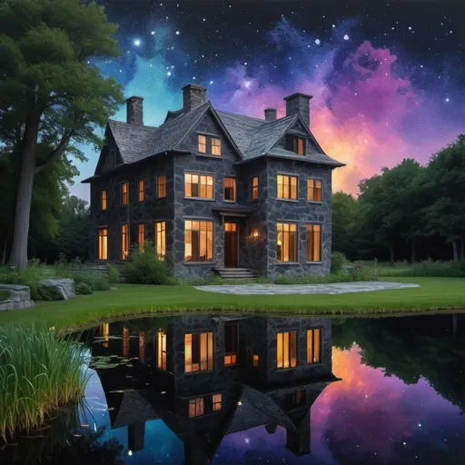 Prompt: large dark mysteriorus stone house along waters of a serene pond shimmer with kaleidoscopic reflections of the changing  dark night sky above. Each ripple, a testament to the wind's whisper, reshapes the radiant colors, embodying the transient nature of introspection. 