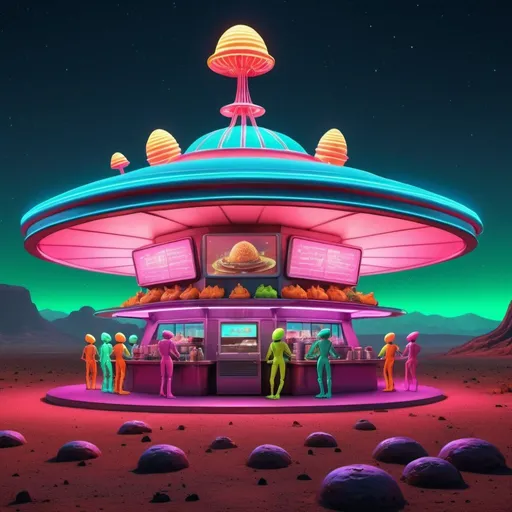 Prompt:  outdoor drive-in movie theater on Mars with cute neon colored alien creature carhop servers, trays of alien food, futuristic neon-lit environment, high-tech 3D rendering, vibrant colors, whimsical alien creatures, towering structure, detailed alien food, vivid lighting, high quality, 3D rendering, futuristic, vibrant neon colors, whimsical, detailed environment