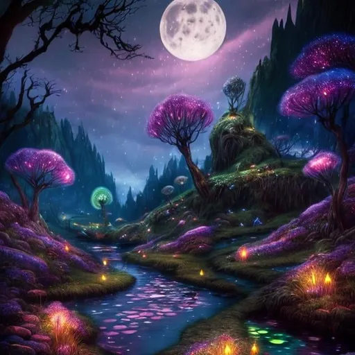 Prompt: Hill with glowing river, magical leprechaun creatures, moonlit flowers, highres, fantasy, ethereal lighting, detailed nature, mystical, moonlit river, enchanting atmosphere, glowing flora, serene, dreamlike, fantasy creatures, moonlit scene, magical beings, surreal, whimsical, illuminated hill, mystical setting, moonlit landscape, fairytale, vibrant colors, soft moonlight