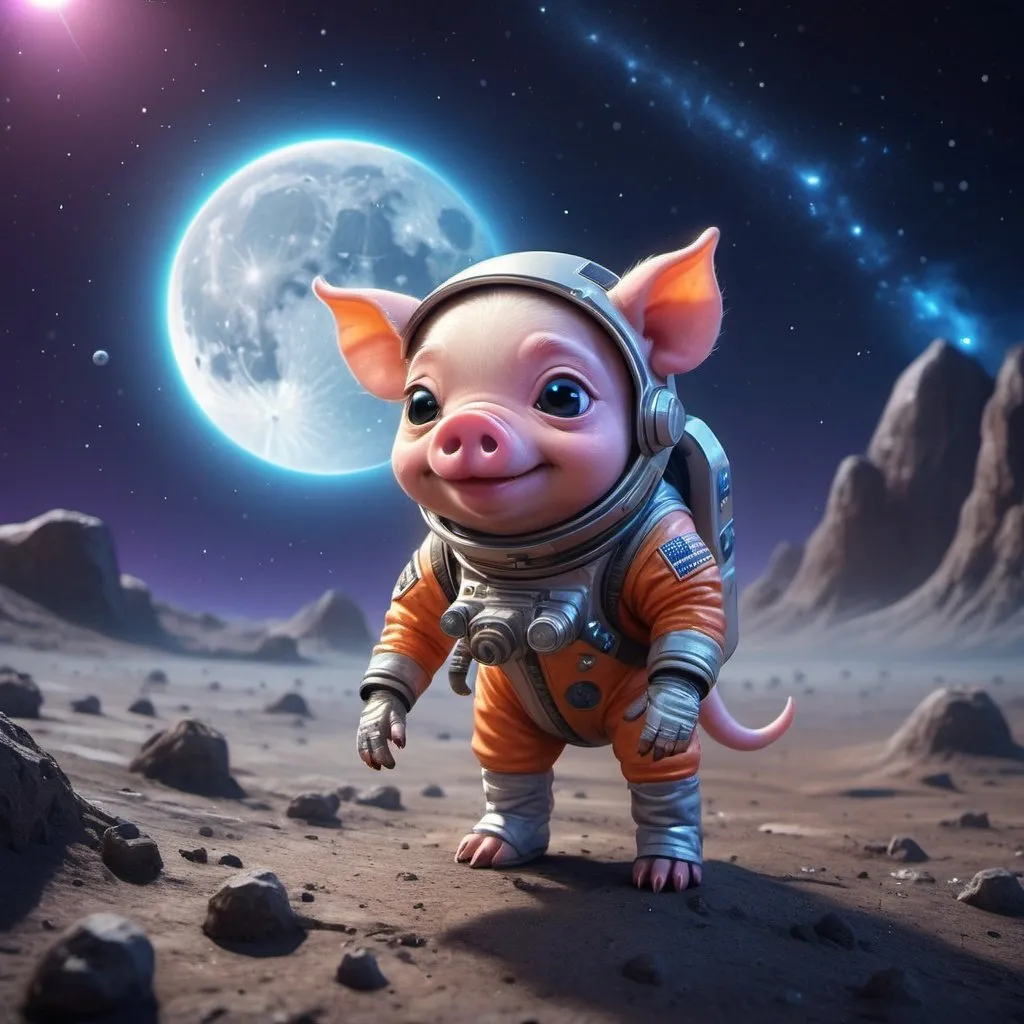 Prompt: ((best quality)), ((illustration)), ((masterpiece)), bright  colors, unreal engine, highres, cute alien puppy creature on the surface of the moon, with tiny pet pig in a space suit, glowing blue orange and purple; meteor shower in background, highly detailed