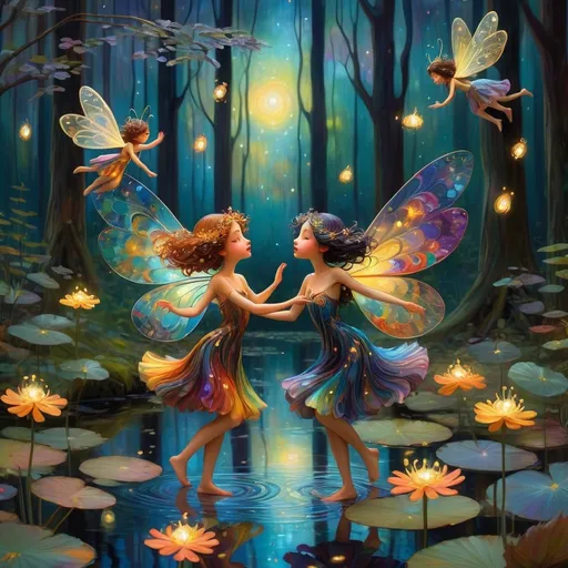 Prompt: small winged fairies characters in the style of Klimt dancing in deep dark multicolor forest,Amidst a quiet forest glade, fireflies in the background around the waters of a serene pond shimmer with kaleidoscopic reflections of the changing sky above. Each ripple, a testament to the wind's whisper, reshapes the radiant colors, embodying the transient nature of introspection. 