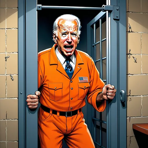 Prompt: Joe Biden in prison cell, crying, full body view, Don Martin Mad Magazine style, exaggerated emotions, detailed facial features, professional cartoon illustration, vibrant colors, dramatic lighting, orange prison uniform, guards laughing, high-quality, professional, Mad Magazine style, exaggerated emotions, detailed facial features, vibrant colors, dramatic lighting, full body view, professional cartoon illustration