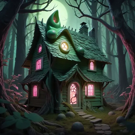 Prompt:  small green cat-like creature with eerie pink glowing eyes, lurking in thick wooded stand of trees beside a tiny fantasy style cottage with firelight glowing in windows, muted moonlight, deep forest, high quality, dark and eerie, detailed eyes, atmospheric lighting