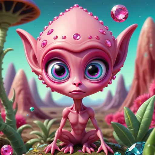 Prompt: Whimsical, cute pink alien, cartoon style, girlie ultra diamond and gems bling, vibrant colors, large expressive eyes, playful demeanor, alien landscape, otherworldly plants, best quality, high resolution, vibrant, cartoon, cute, whimsical, otherworldly, playful, expressive eyes, alien landscape, vibrant colors, professional