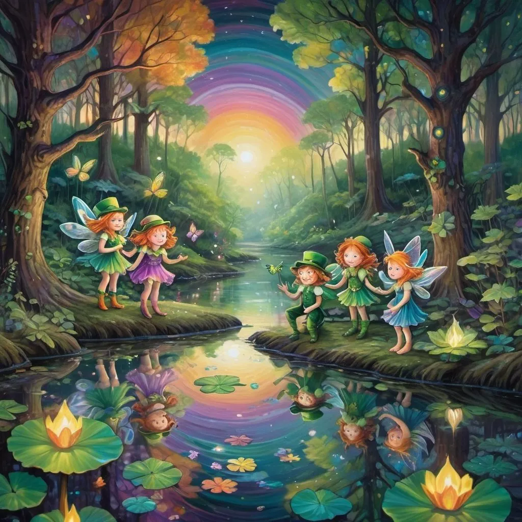 Prompt: cute leprechauns and fairies characters in deep dark multicolor forest, playing  along the waters of a serene pond shimmer with kaleidoscopic reflections of the changing sky above. Each ripple, a testament to the wind's whisper, reshapes the radiant colors, embodying the transient nature of introspection. 